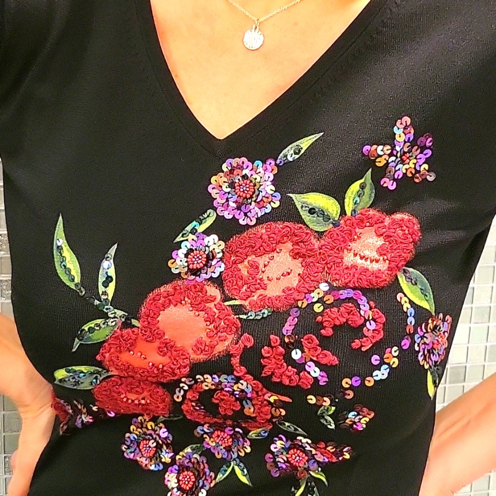 Black Sequined Embroidered Knit Top, Floral Garden Motif, *S/M - Picture 3 of 13